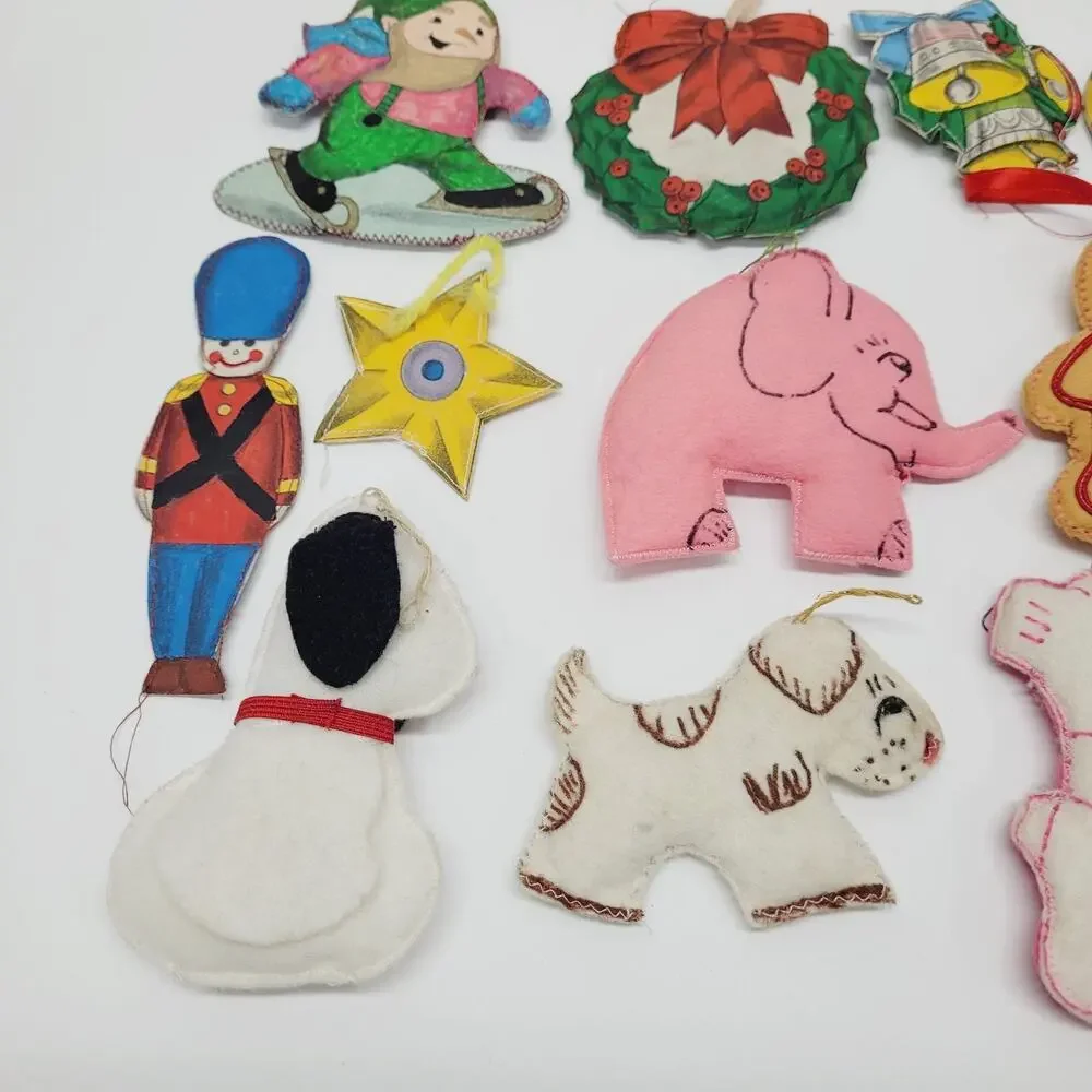 Handmade Sewn Painted Christmas Stitched Stuffed Fabric Ornaments Vtg Lot of 15